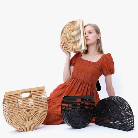 Bamboo Pool Tote Beach Bag Tan Brown Woven Wood Wicker Hippie Purse Bohemian - Picture 10 of 10